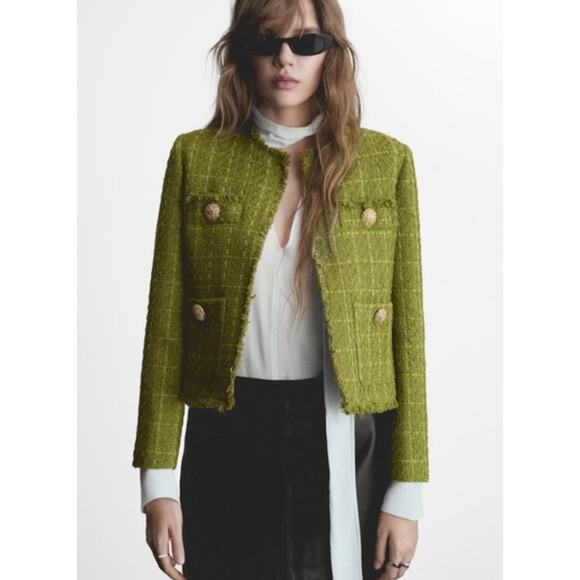Mango Tweed Jacket with Jewel Buttons Green women's S Classic - Picture 1 of 13